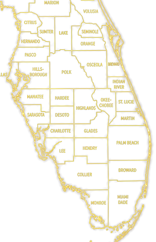 Deep-gold outline of South Florida and its counties